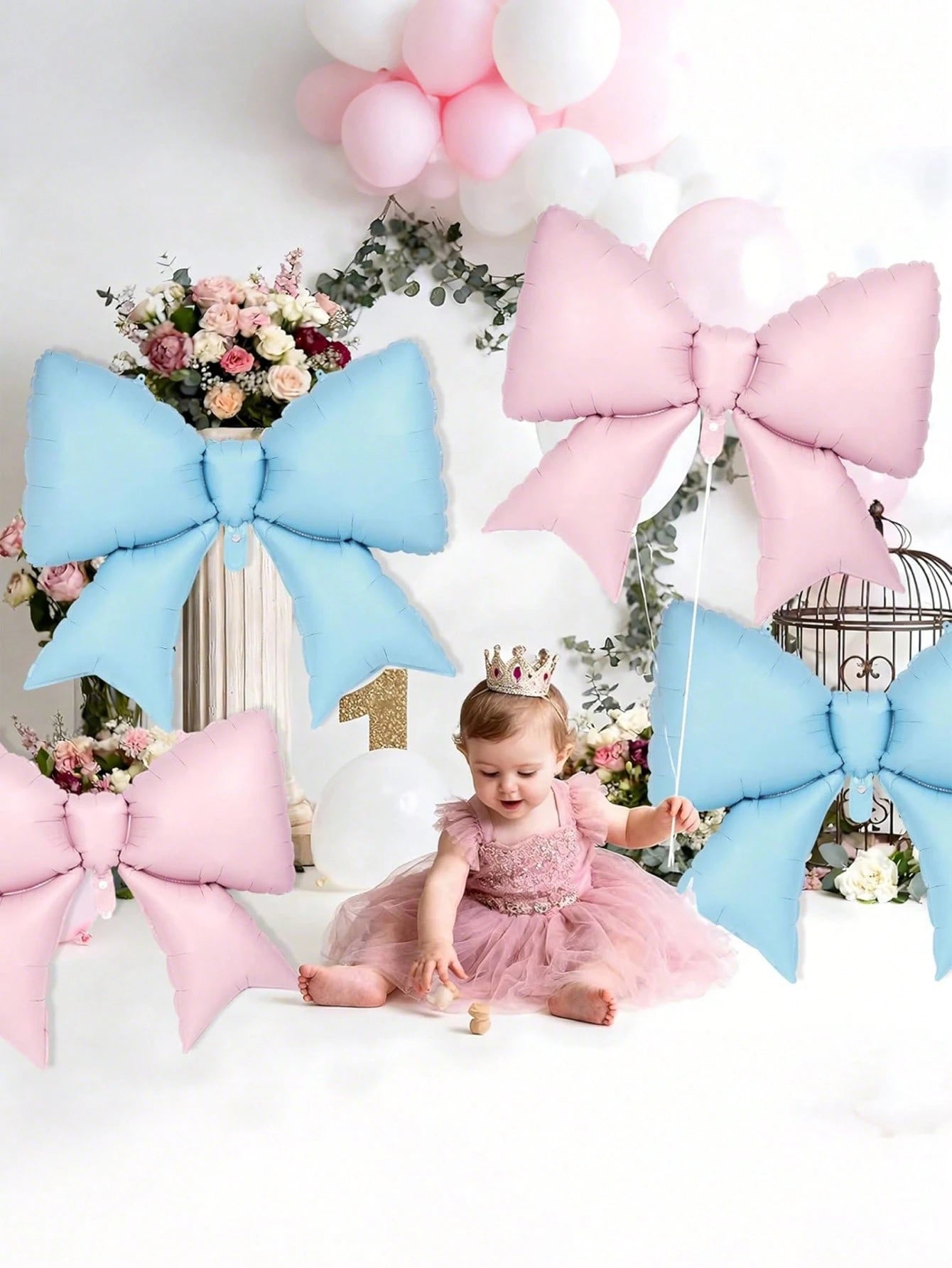 6pcs Pink & Blue Bow Balloons, 38 Inch Bow Foil Balloons, Gender Reveal Decorations, Suitable For Birthday Party, Wedding, Baby Shower, Mouse Party Decor