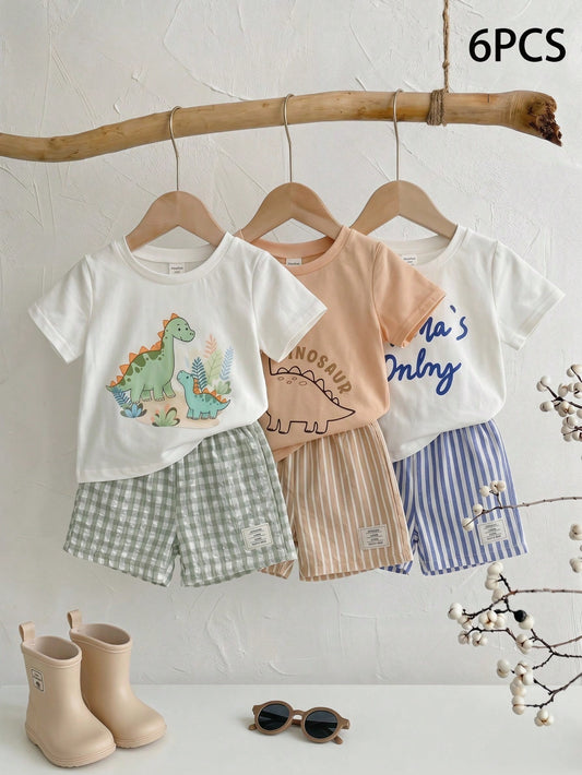 6pcs/Set Baby Boy/Girl White,Summer,Casual,Cute,Family Matching Knit Cartoon Dinosaur Plaid Striped Short Sleeve T-Shirt&Elastic Waist Shorts Sets