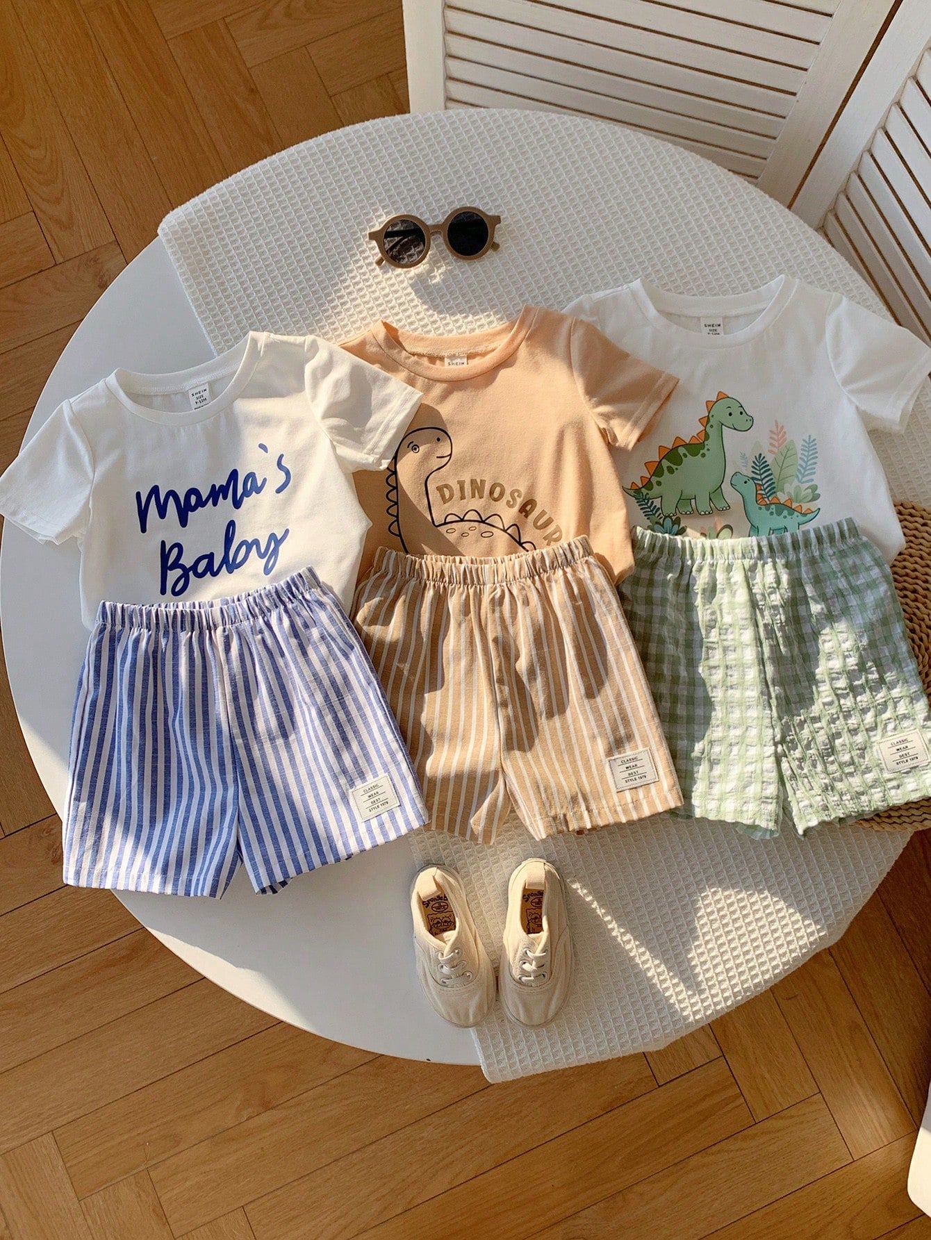 6pcs/Set Baby Boy/Girl White,Summer,Casual,Cute,Family Matching Knit Cartoon Dinosaur Plaid Striped Short Sleeve T-Shirt&Elastic Waist Shorts Sets