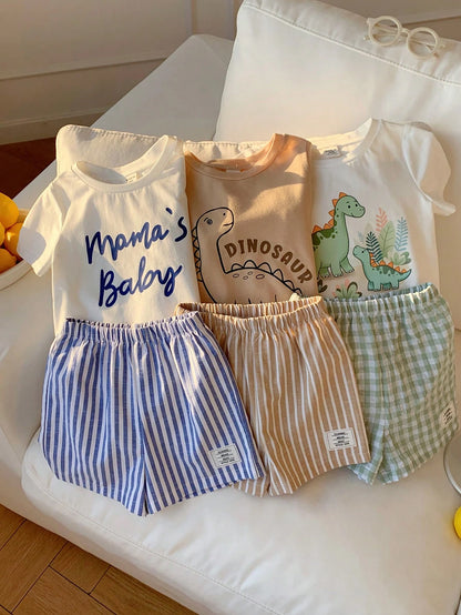 6pcs/Set Baby Boy/Girl White,Summer,Casual,Cute,Family Matching Knit Cartoon Dinosaur Plaid Striped Short Sleeve T-Shirt&Elastic Waist Shorts Sets