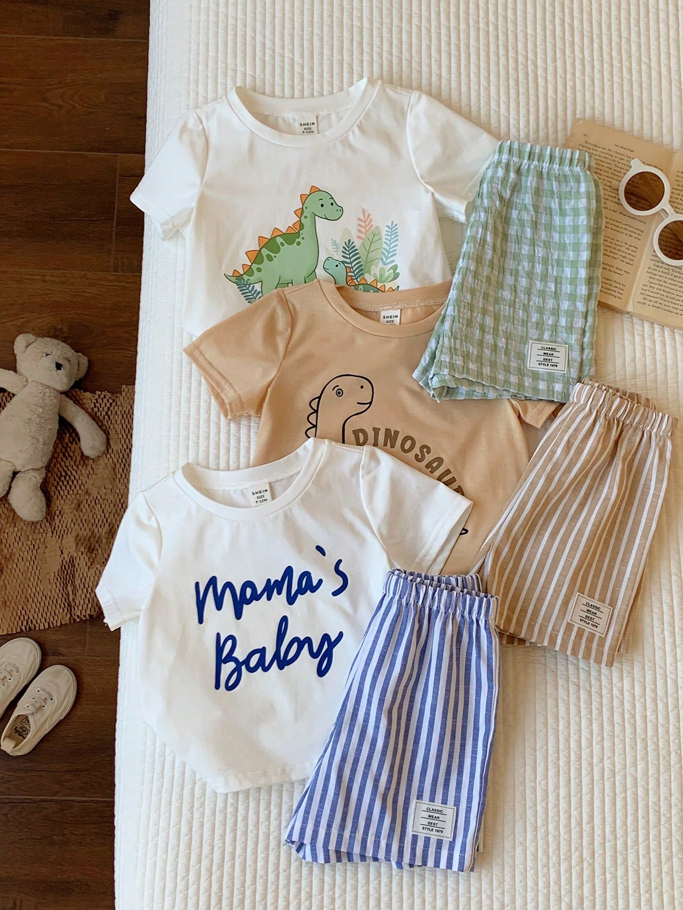 6pcs/Set Baby Boy/Girl White,Summer,Casual,Cute,Family Matching Knit Cartoon Dinosaur Plaid Striped Short Sleeve T-Shirt&Elastic Waist Shorts Sets