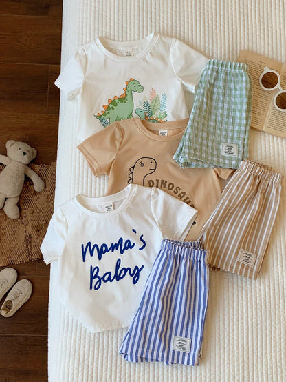 6pcs/Set Baby Boy/Girl White,Summer,Casual,Cute,Family Matching Knit Cartoon Dinosaur Plaid Striped Short Sleeve T-Shirt&Elastic Waist Shorts Sets