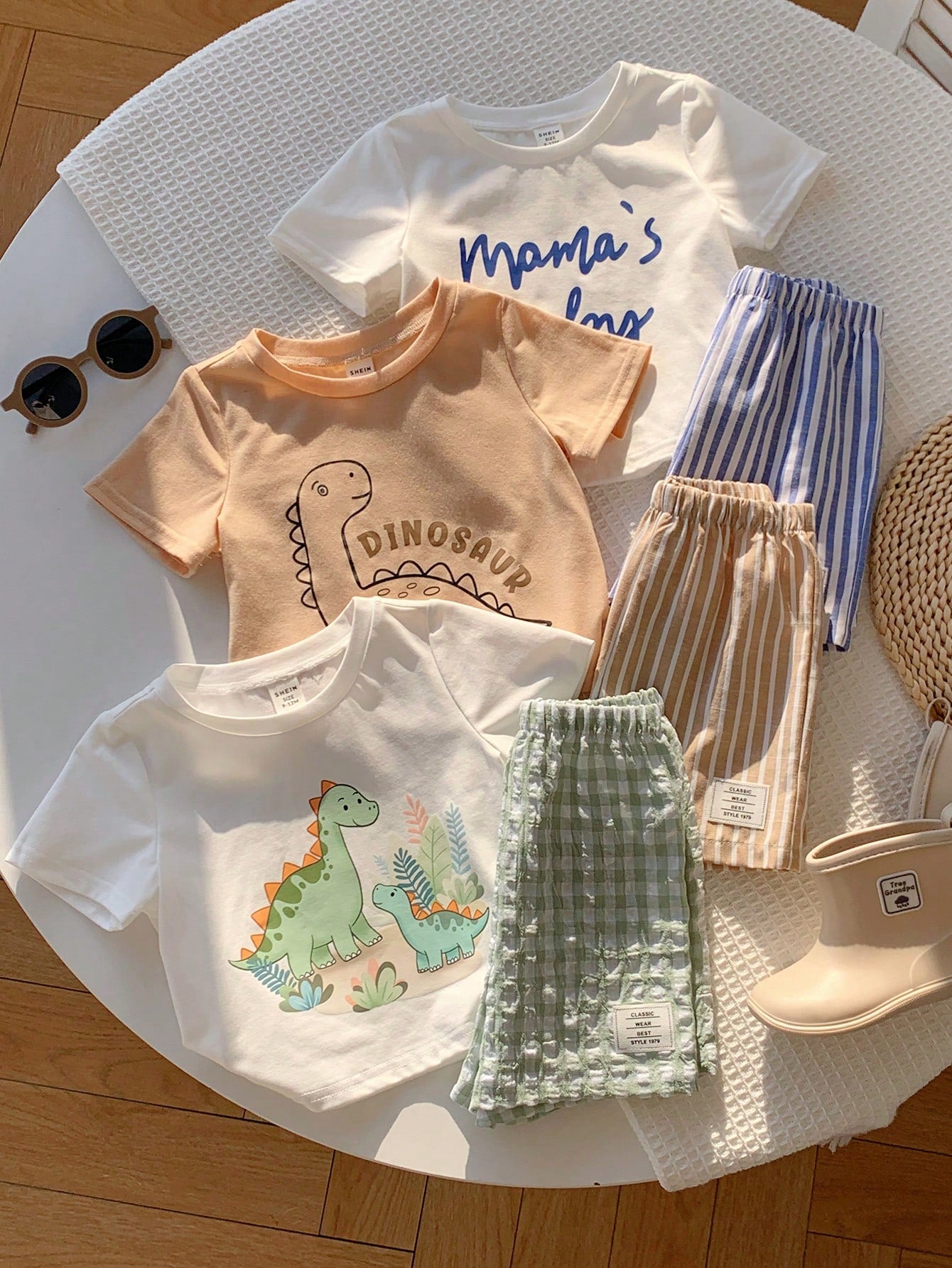 6pcs/Set Baby Boy/Girl White,Summer,Casual,Cute,Family Matching Knit Cartoon Dinosaur Plaid Striped Short Sleeve T-Shirt&Elastic Waist Shorts Sets