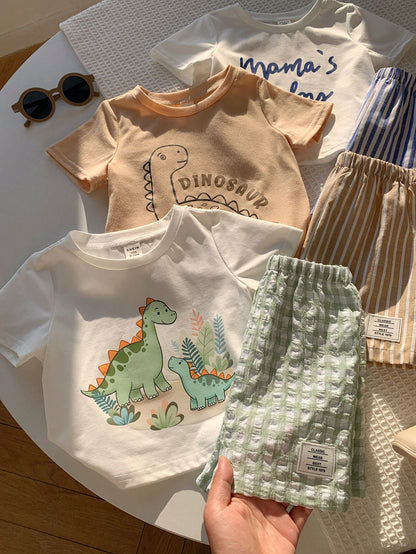 6pcs/Set Baby Boy/Girl White,Summer,Casual,Cute,Family Matching Knit Cartoon Dinosaur Plaid Striped Short Sleeve T-Shirt&Elastic Waist Shorts Sets