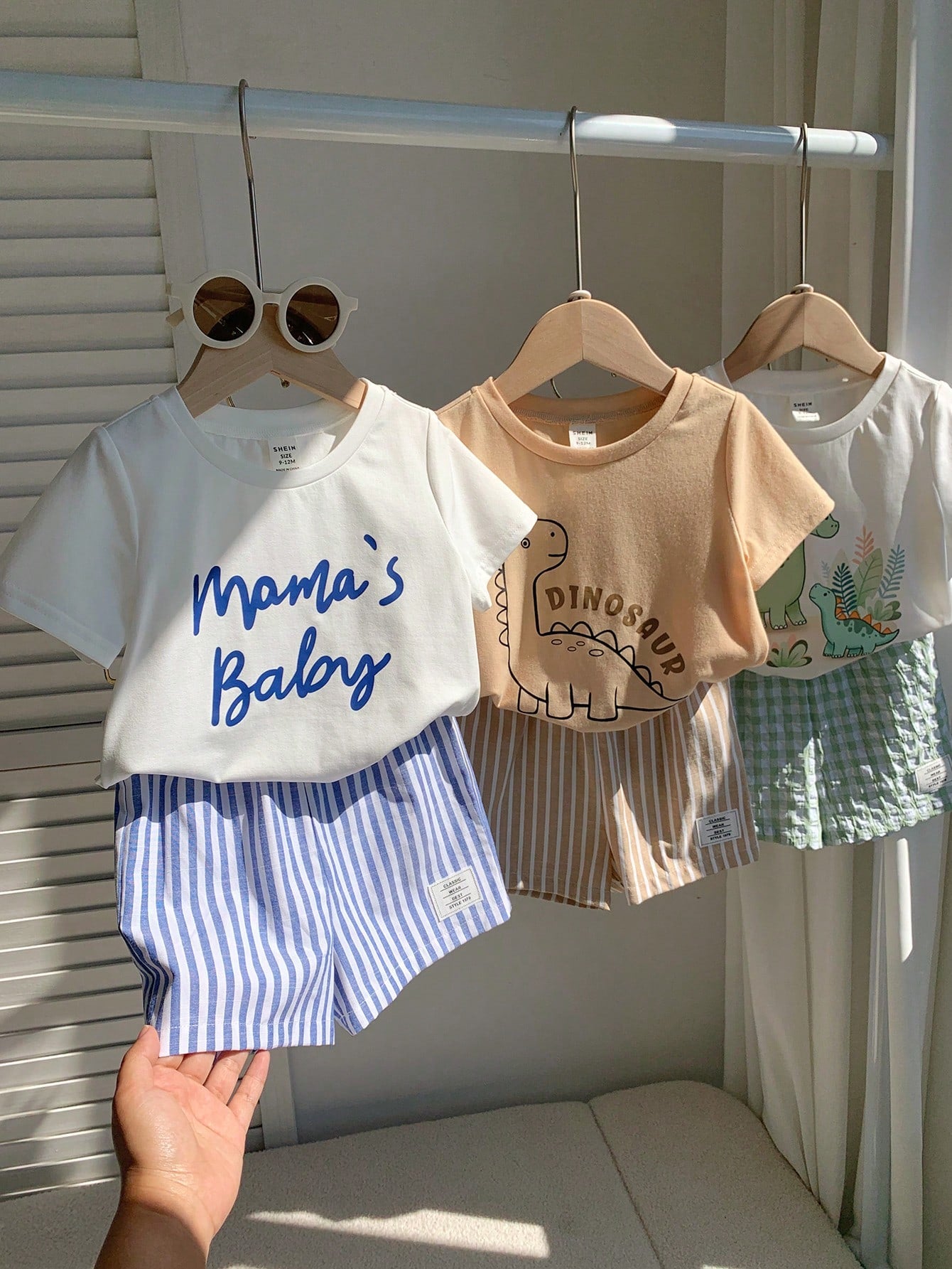 6pcs/Set Baby Boy/Girl White,Summer,Casual,Cute,Family Matching Knit Cartoon Dinosaur Plaid Striped Short Sleeve T-Shirt&Elastic Waist Shorts Sets