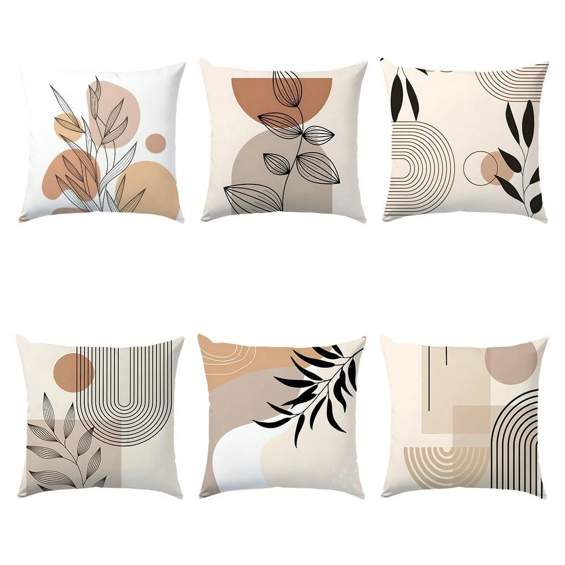 6pcs Set Minimalist Daily Abstract Brown Leaf Geometric Pattern Cushion Cover, Single-Sided Printed Velvet Material, 45*45/50*50/40*40CM Pillow Case Suitable For Modern Minimalist Sofa Living Room Dec