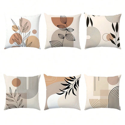 6pcs Set Minimalist Daily Abstract Brown Leaf Geometric Pattern Cushion Cover, Single-Sided Printed Velvet Material, 45*45/50*50/40*40CM Pillow Case Suitable For Modern Minimalist Sofa Living Room Dec
