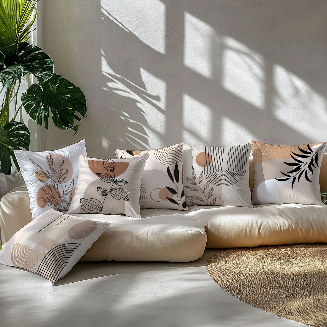 6pcs Set Minimalist Daily Abstract Brown Leaf Geometric Pattern Cushion Cover, Single-Sided Printed Velvet Material, 45*45/50*50/40*40CM Pillow Case Suitable For Modern Minimalist Sofa Living Room Dec