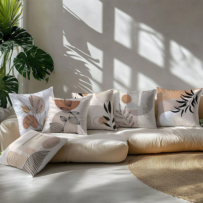 6pcs Set Minimalist Daily Abstract Brown Leaf Geometric Pattern Cushion Cover, Single-Sided Printed Velvet Material, 45*45/50*50/40*40CM Pillow Case Suitable For Modern Minimalist Sofa Living Room Dec