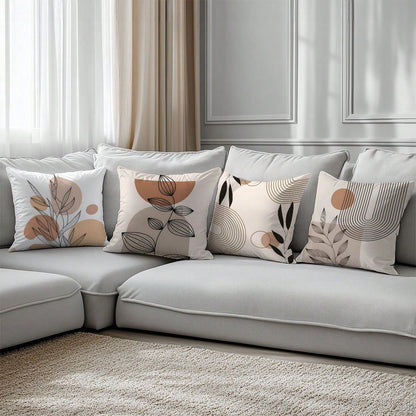 6pcs Set Minimalist Daily Abstract Brown Leaf Geometric Pattern Cushion Cover, Single-Sided Printed Velvet Material, 45*45/50*50/40*40CM Pillow Case Suitable For Modern Minimalist Sofa Living Room Dec