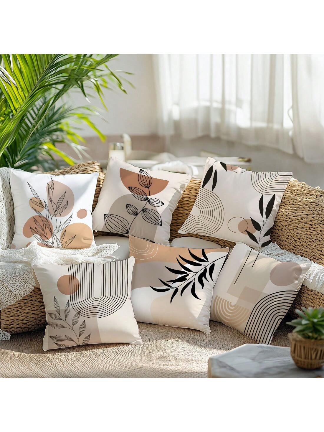 6pcs Set Minimalist Daily Abstract Brown Leaf Geometric Pattern Cushion Cover, Single-Sided Printed Velvet Material, 45*45/50*50/40*40CM Pillow Case Suitable For Modern Minimalist Sofa Living Room Dec