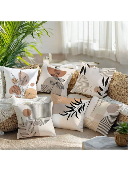 6pcs Set Minimalist Daily Abstract Brown Leaf Geometric Pattern Cushion Cover, Single-Sided Printed Velvet Material, 45*45/50*50/40*40CM Pillow Case Suitable For Modern Minimalist Sofa Living Room Dec