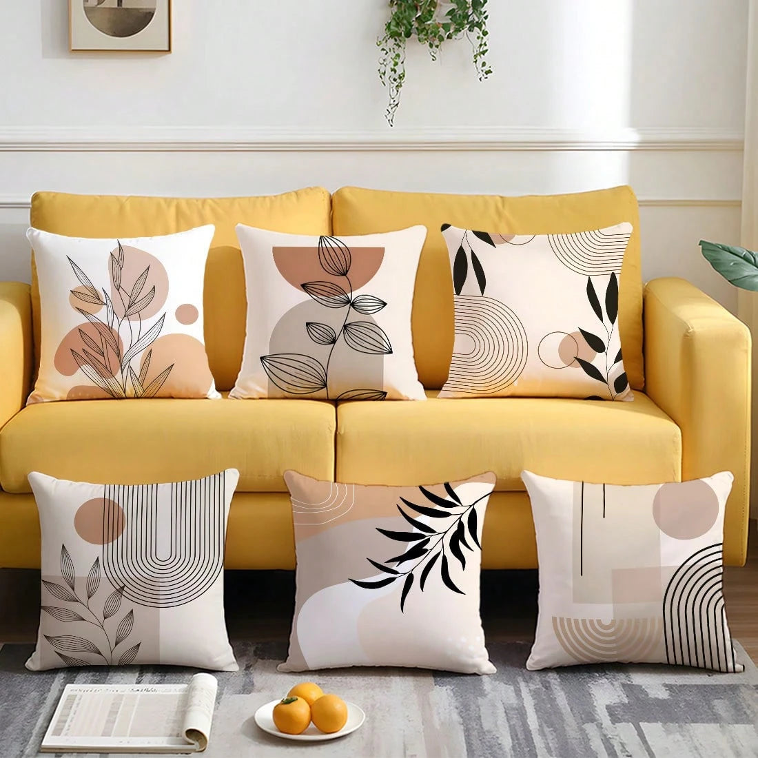 6pcs Set Minimalist Daily Abstract Brown Leaf Geometric Pattern Cushion Cover, Single-Sided Printed Velvet Material, 45*45/50*50/40*40CM Pillow Case Suitable For Modern Minimalist Sofa Living Room Dec