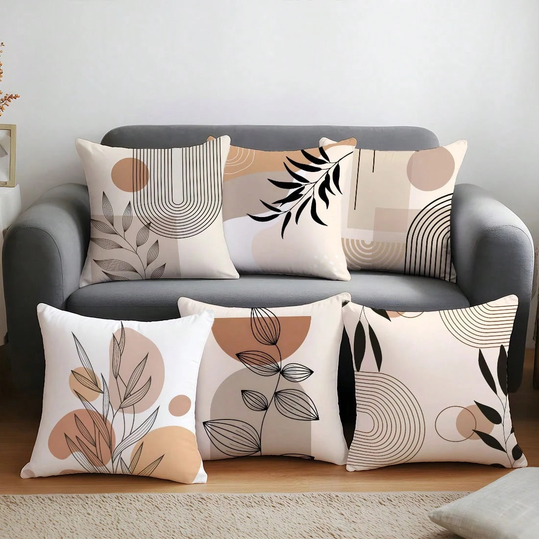 6pcs Set Minimalist Daily Abstract Brown Leaf Geometric Pattern Cushion Cover, Single-Sided Printed Velvet Material, 45*45/50*50/40*40CM Pillow Case Suitable For Modern Minimalist Sofa Living Room Dec