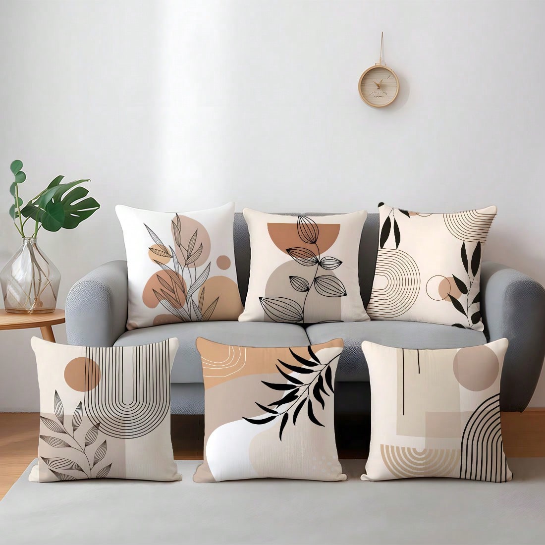 6pcs Set Minimalist Daily Abstract Brown Leaf Geometric Pattern Cushion Cover, Single-Sided Printed Velvet Material, 45*45/50*50/40*40CM Pillow Case Suitable For Modern Minimalist Sofa Living Room Dec