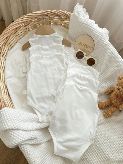 6pcs/Set Newborn Baby Boy Simple Comfortable Solid Color Sleeveless Bodysuit