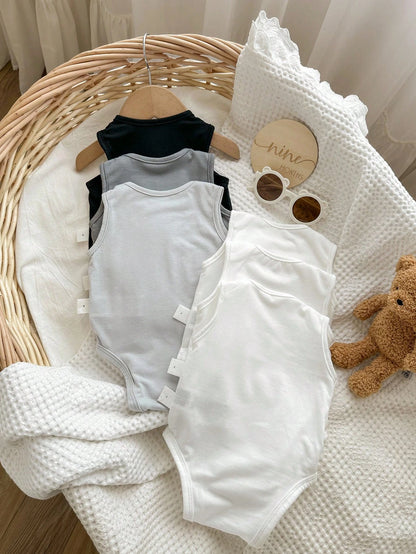 6pcs/Set Newborn Baby Boy Simple Comfortable Solid Color Sleeveless Bodysuit