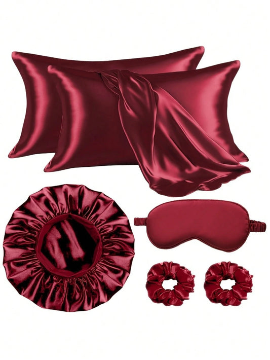 6pcs Sleep Hair Care Set, Including 2 Pillowcases, 1 Hair & Skin Friendly Headband, 1 Sleep Mask, 1 Satin Sleep Cap, And 2 Hair Bands