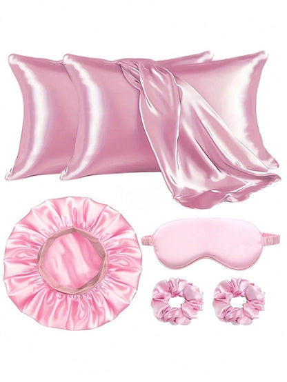 6pcs Sleep Hair Care Set, Including 2 Pillowcases, 1 Hair & Skin Friendly Headband, 1 Sleep Mask, 1 Satin Sleep Cap, And 2 Hair Bands