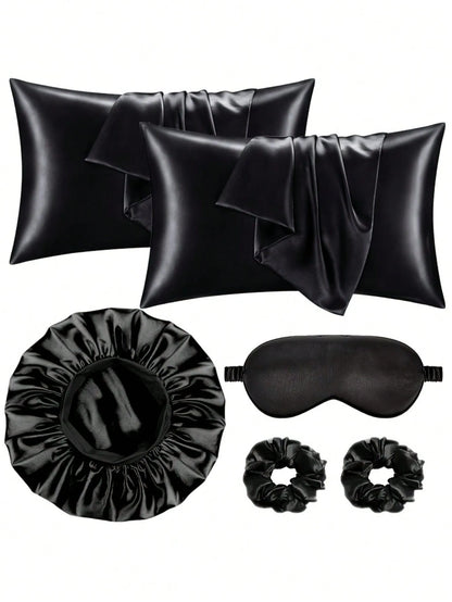 6pcs Sleep Hair Care Set, Including 2 Pillowcases, 1 Hair & Skin Friendly Headband, 1 Sleep Mask, 1 Satin Sleep Cap, And 2 Hair Bands