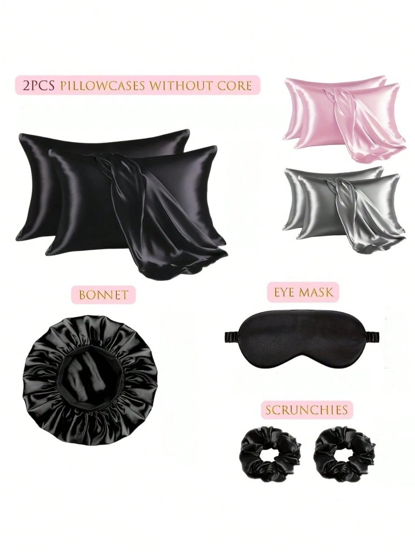 6pcs Sleep Hair Care Set, Including 2 Pillowcases, 1 Hair & Skin Friendly Headband, 1 Sleep Mask, 1 Satin Sleep Cap, And 2 Hair Bands