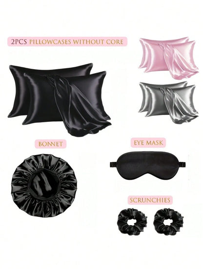 6pcs Sleep Hair Care Set, Including 2 Pillowcases, 1 Hair & Skin Friendly Headband, 1 Sleep Mask, 1 Satin Sleep Cap, And 2 Hair Bands