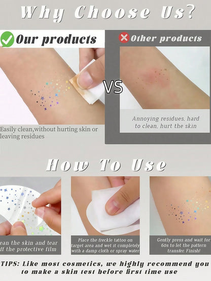 6pcs Sparkle Freckles Glitter Freckles Silver Face Glitter Tattoo For Women Waterproof Temporary Tattoos Adult Cute Makeup Patches For Music Festival Party Dating Easter Summer
