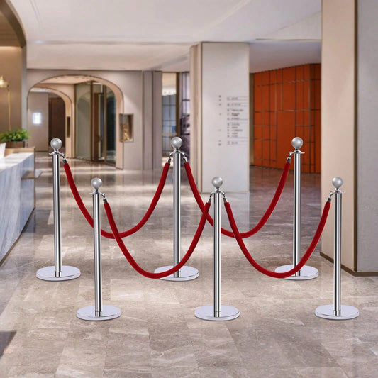 6Pcs Stainless Steel Crowd Control Barrier Stanchion Set With 4Pcs 1.5M Velvet Ropes, 4-Way Hole Queue Barrier Post With Fillable Base For Hotel Exhibition Airport Wedding Red Carpet