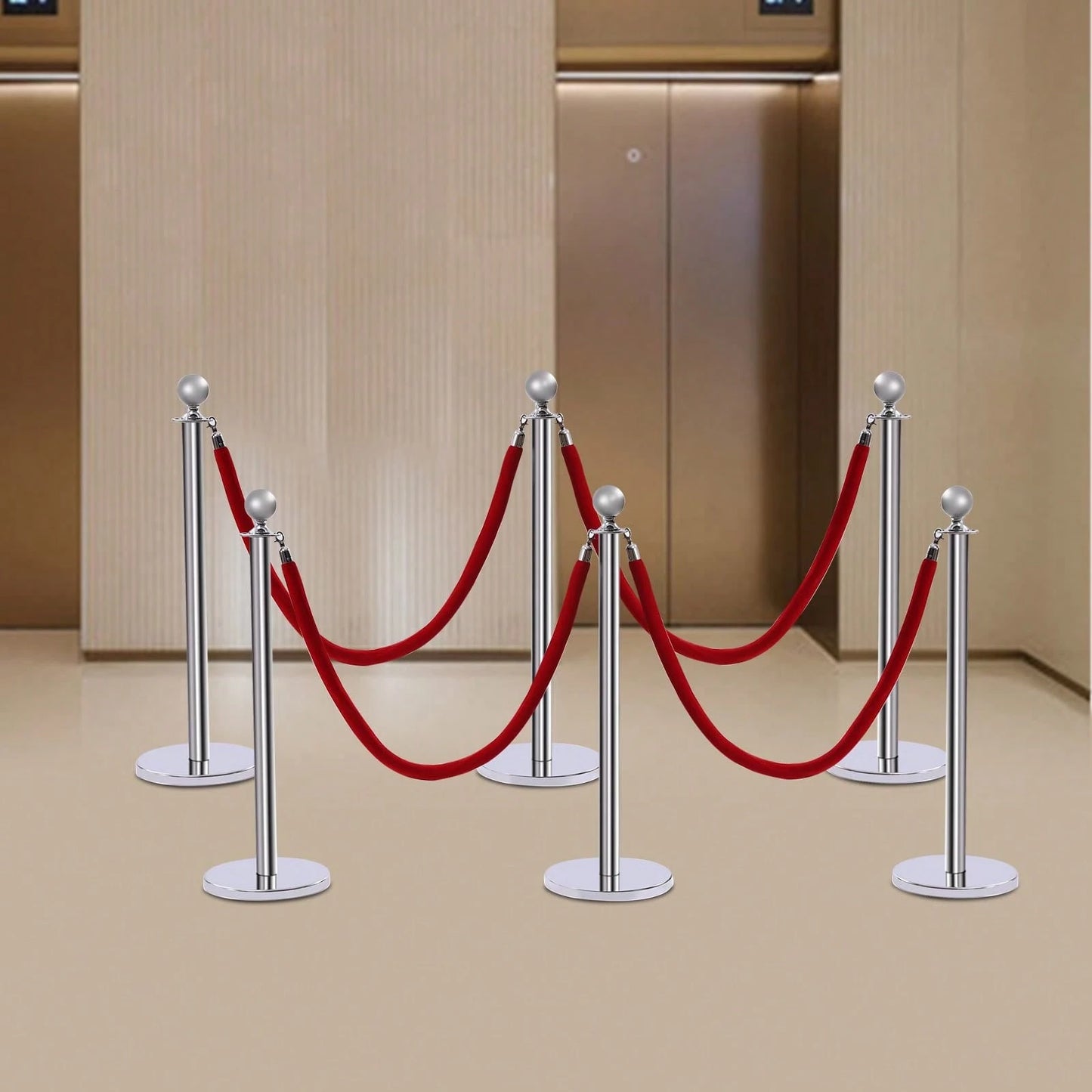 6Pcs Stainless Steel Crowd Control Barrier Stanchion Set With 4Pcs 1.5M Velvet Ropes, 4-Way Hole Queue Barrier Post With Fillable Base For Hotel Exhibition Airport Wedding Red Carpet