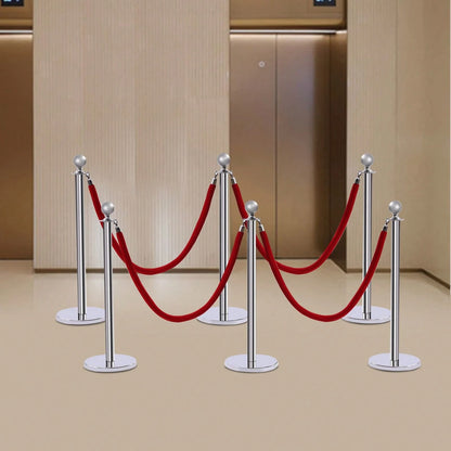6Pcs Stainless Steel Crowd Control Barrier Stanchion Set With 4Pcs 1.5M Velvet Ropes, 4-Way Hole Queue Barrier Post With Fillable Base For Hotel Exhibition Airport Wedding Red Carpet