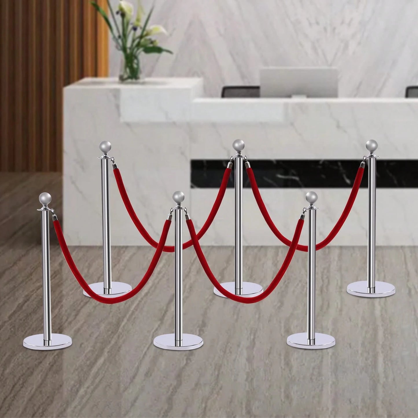6Pcs Stainless Steel Crowd Control Barrier Stanchion Set With 4Pcs 1.5M Velvet Ropes, 4-Way Hole Queue Barrier Post With Fillable Base For Hotel Exhibition Airport Wedding Red Carpet