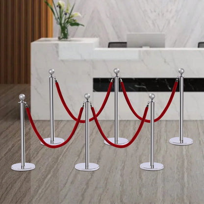 6Pcs Stainless Steel Crowd Control Barrier Stanchion Set With 4Pcs 1.5M Velvet Ropes, 4-Way Hole Queue Barrier Post With Fillable Base For Hotel Exhibition Airport Wedding Red Carpet