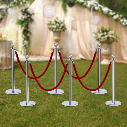 6Pcs Stainless Steel Crowd Control Barrier Stanchion Set With 4Pcs 1.5M Velvet Ropes, 4-Way Hole Queue Barrier Post With Fillable Base For Hotel Exhibition Airport Wedding Red Carpet