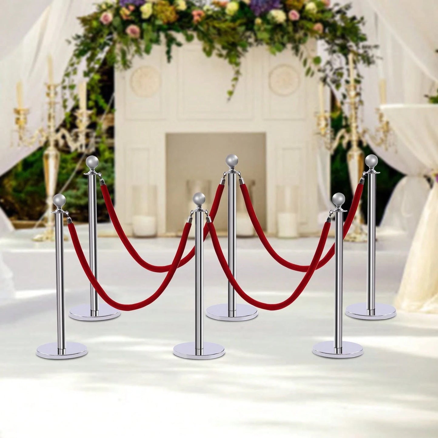 6Pcs Stainless Steel Crowd Control Barrier Stanchion Set With 4Pcs 1.5M Velvet Ropes, 4-Way Hole Queue Barrier Post With Fillable Base For Hotel Exhibition Airport Wedding Red Carpet