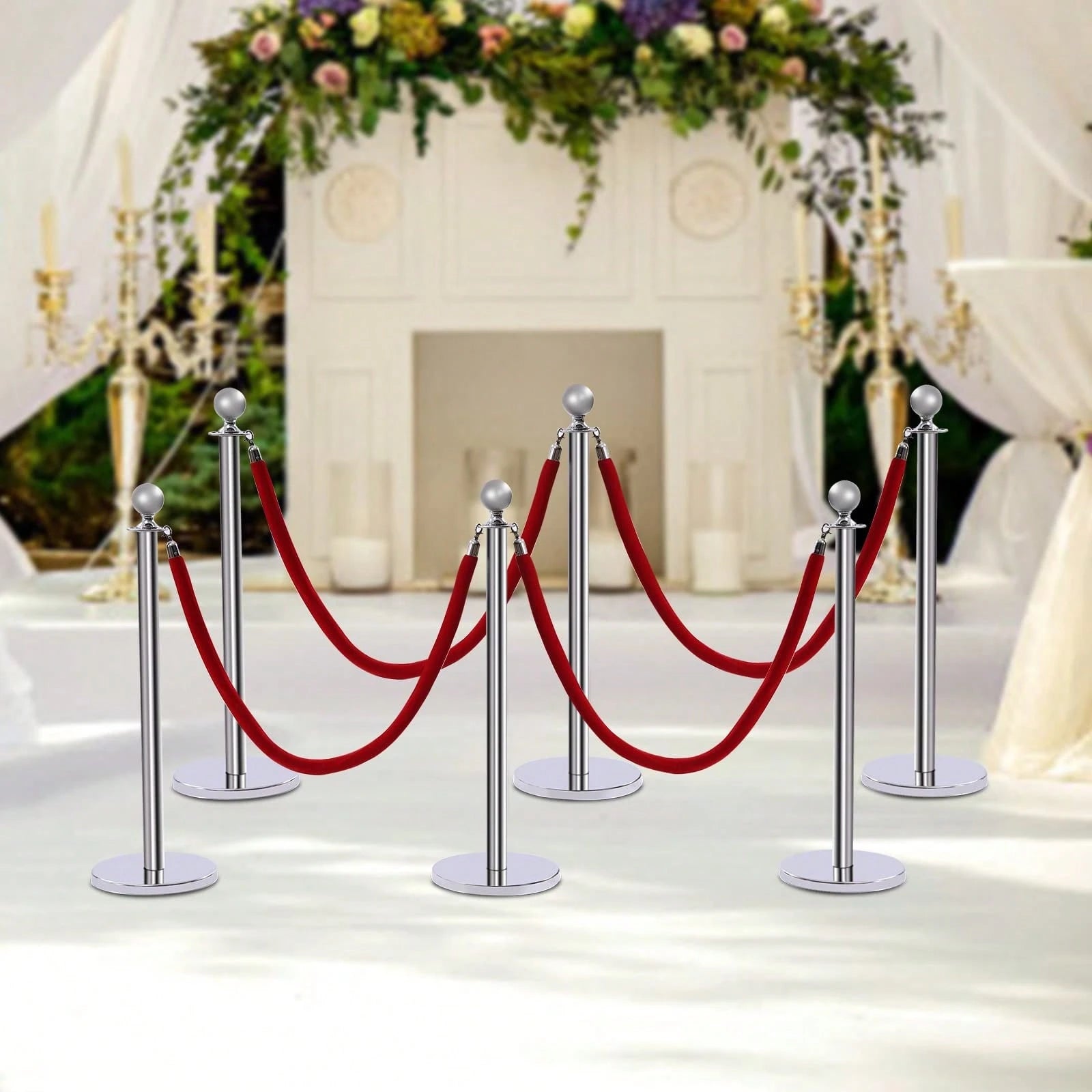 6Pcs Stainless Steel Crowd Control Barrier Stanchion Set With 4Pcs 1.5M Velvet Ropes, 4-Way Hole Queue Barrier Post With Fillable Base For Hotel Exhibition Airport Wedding Red Carpet