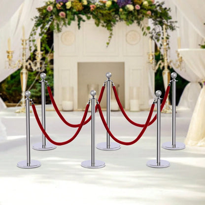 6Pcs Stainless Steel Crowd Control Barrier Stanchion Set With 4Pcs 1.5M Velvet Ropes, 4-Way Hole Queue Barrier Post With Fillable Base For Hotel Exhibition Airport Wedding Red Carpet