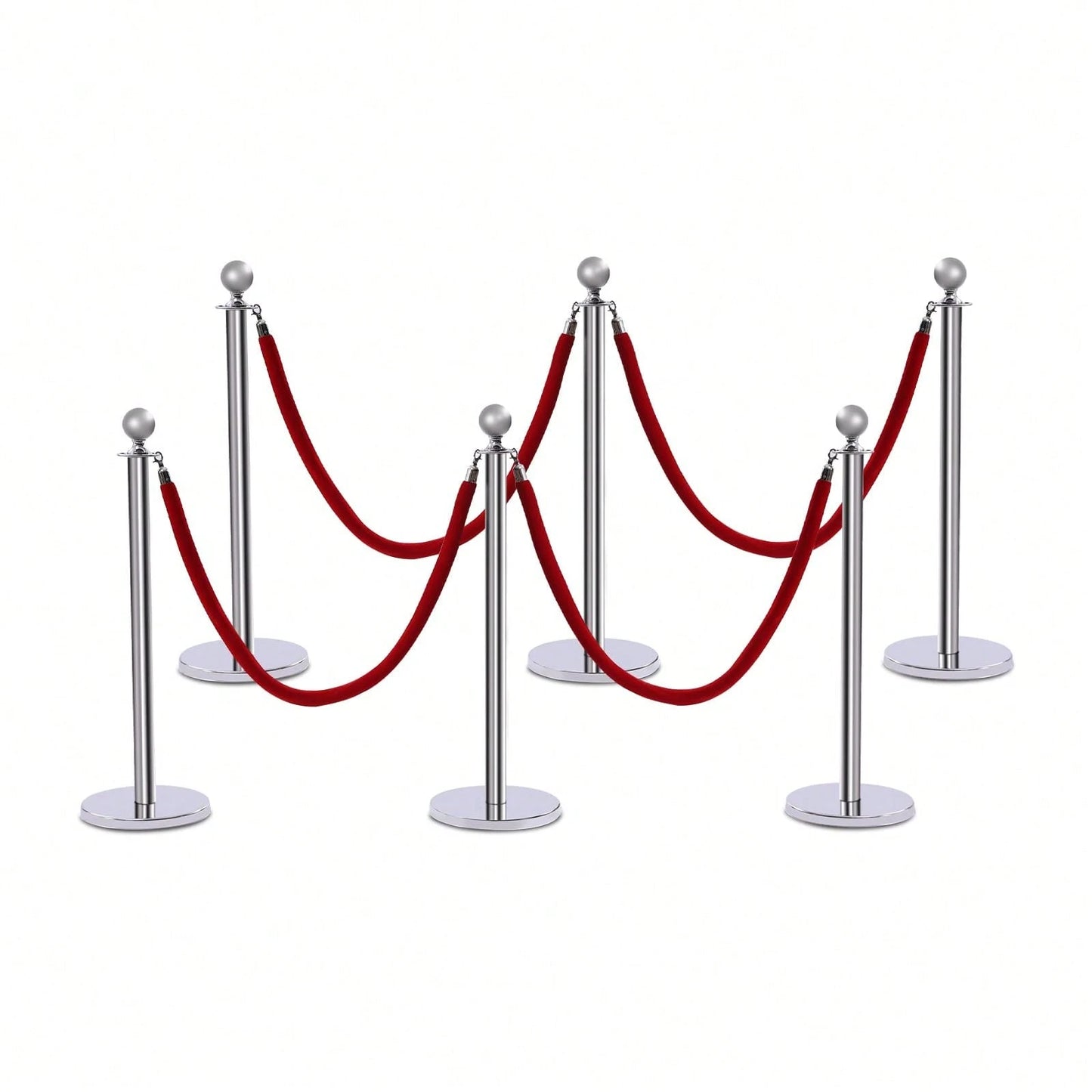 6Pcs Stainless Steel Crowd Control Barrier Stanchion Set With 4Pcs 1.5M Velvet Ropes, 4-Way Hole Queue Barrier Post With Fillable Base For Hotel Exhibition Airport Wedding Red Carpet