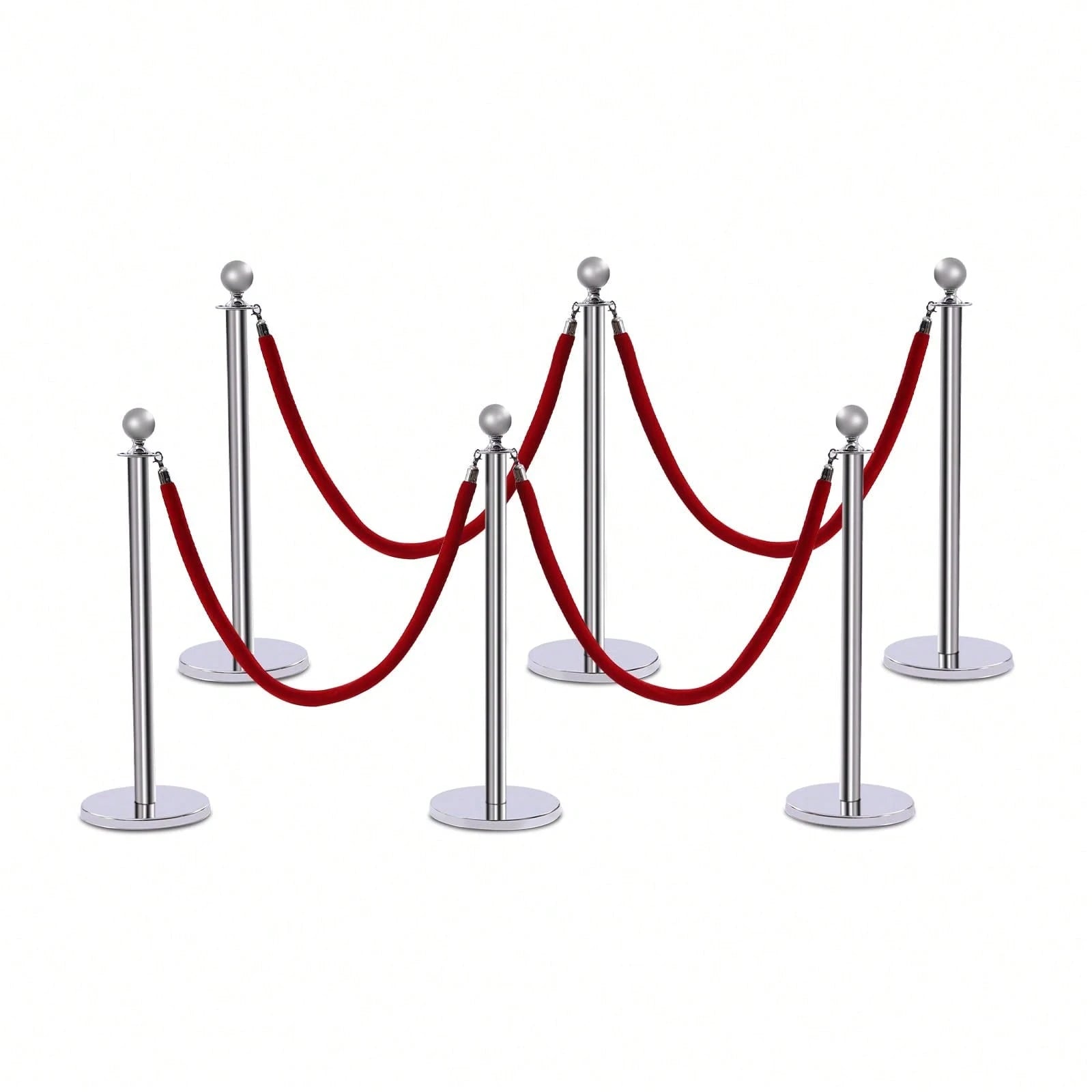 6Pcs Stainless Steel Crowd Control Barrier Stanchion Set With 4Pcs 1.5M Velvet Ropes, 4-Way Hole Queue Barrier Post With Fillable Base For Hotel Exhibition Airport Wedding Red Carpet