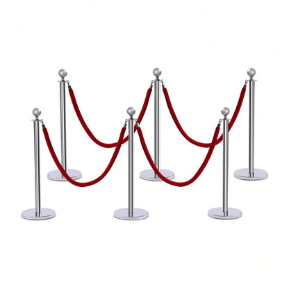 6Pcs Stainless Steel Crowd Control Barrier Stanchion Set With 4Pcs 1.5M Velvet Ropes, 4-Way Hole Queue Barrier Post With Fillable Base For Hotel Exhibition Airport Wedding Red Carpet