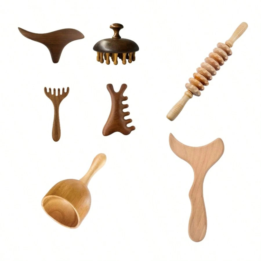 7Pcs Massage Set, Full Body Massage Kit, Full Body Relaxation Set, Face Massager, Nose Massager, Scalp Massager, Hand Massager, Back Massager, Leg Massager, Cupping Cups, Gua Sha Board, Foot Massager