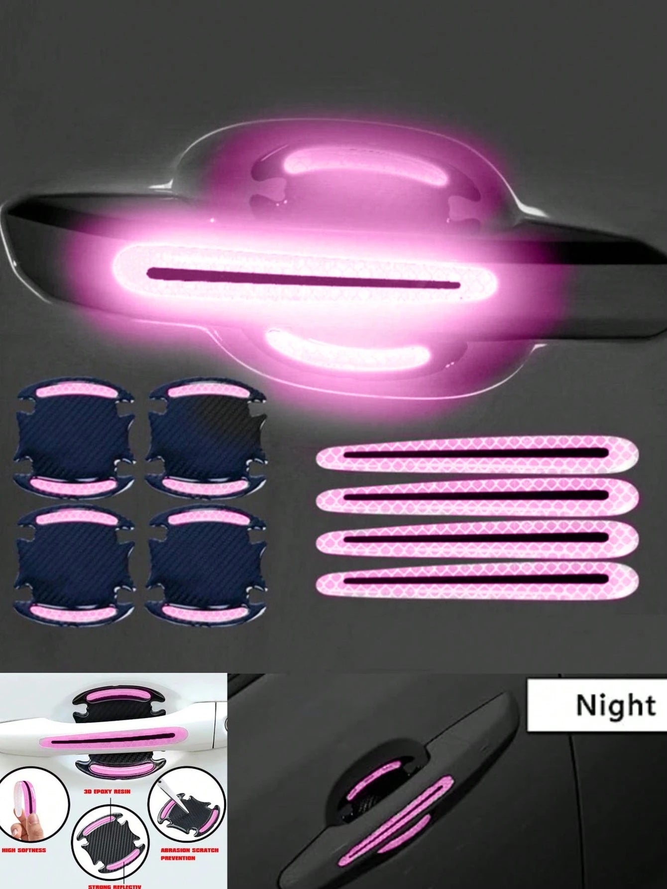8-Pcs Car Door Handle And Bowl Reflective Stickers Set (4 Door Bowls + 4 Handles)