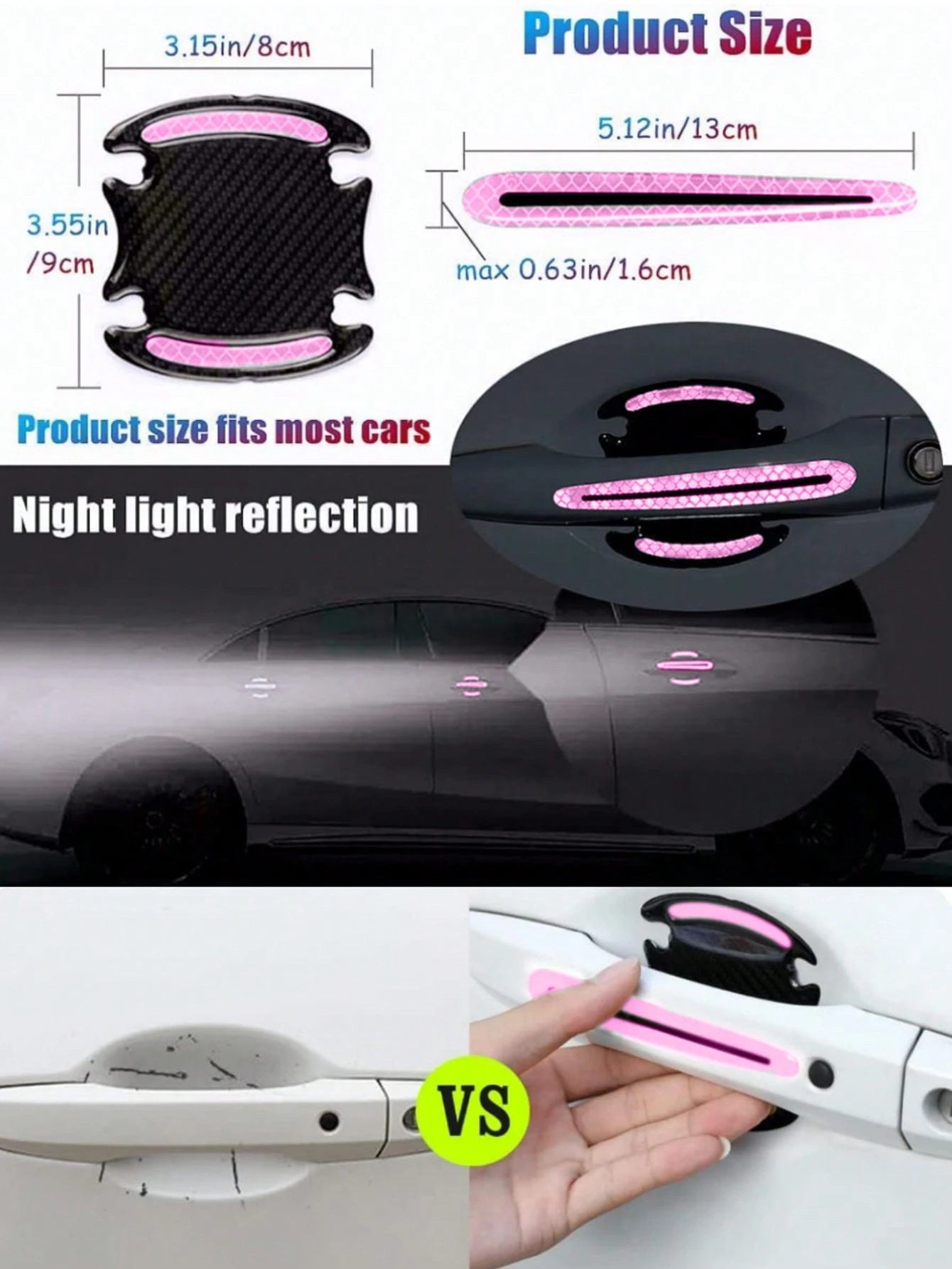 8-Pcs Car Door Handle And Bowl Reflective Stickers Set (4 Door Bowls + 4 Handles)
