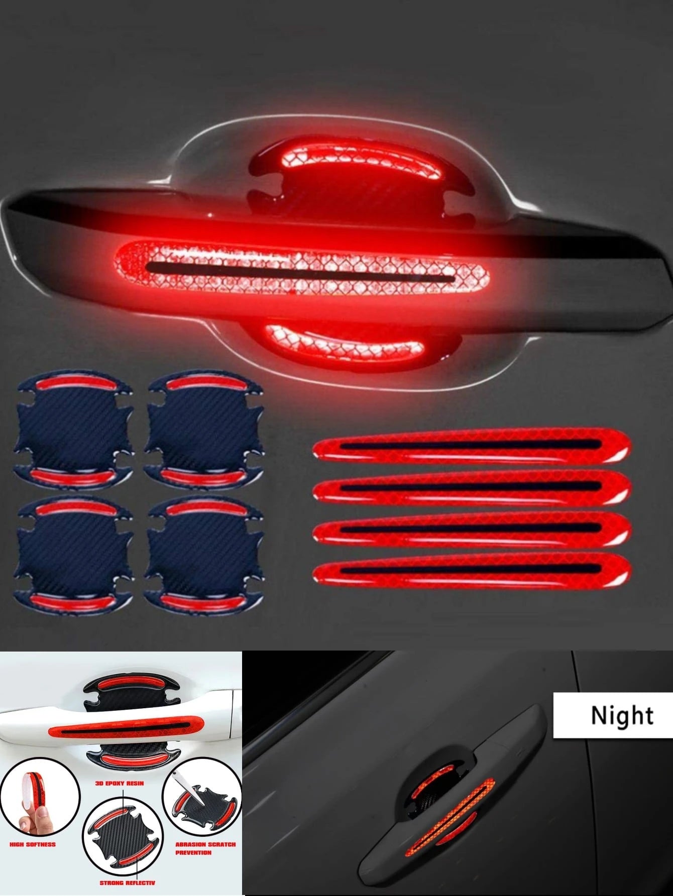8-Pcs Car Door Handle And Bowl Reflective Stickers Set (4 Door Bowls + 4 Handles)