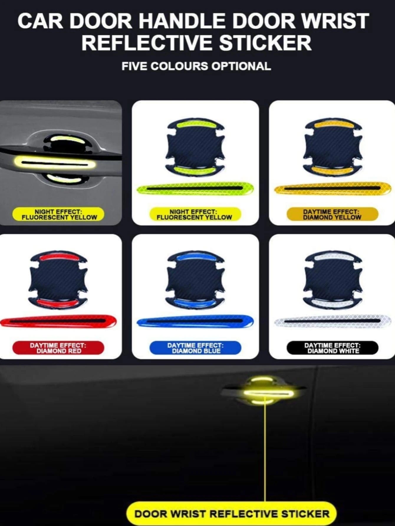 8-Pcs Car Door Handle And Bowl Reflective Stickers Set (4 Door Bowls + 4 Handles)