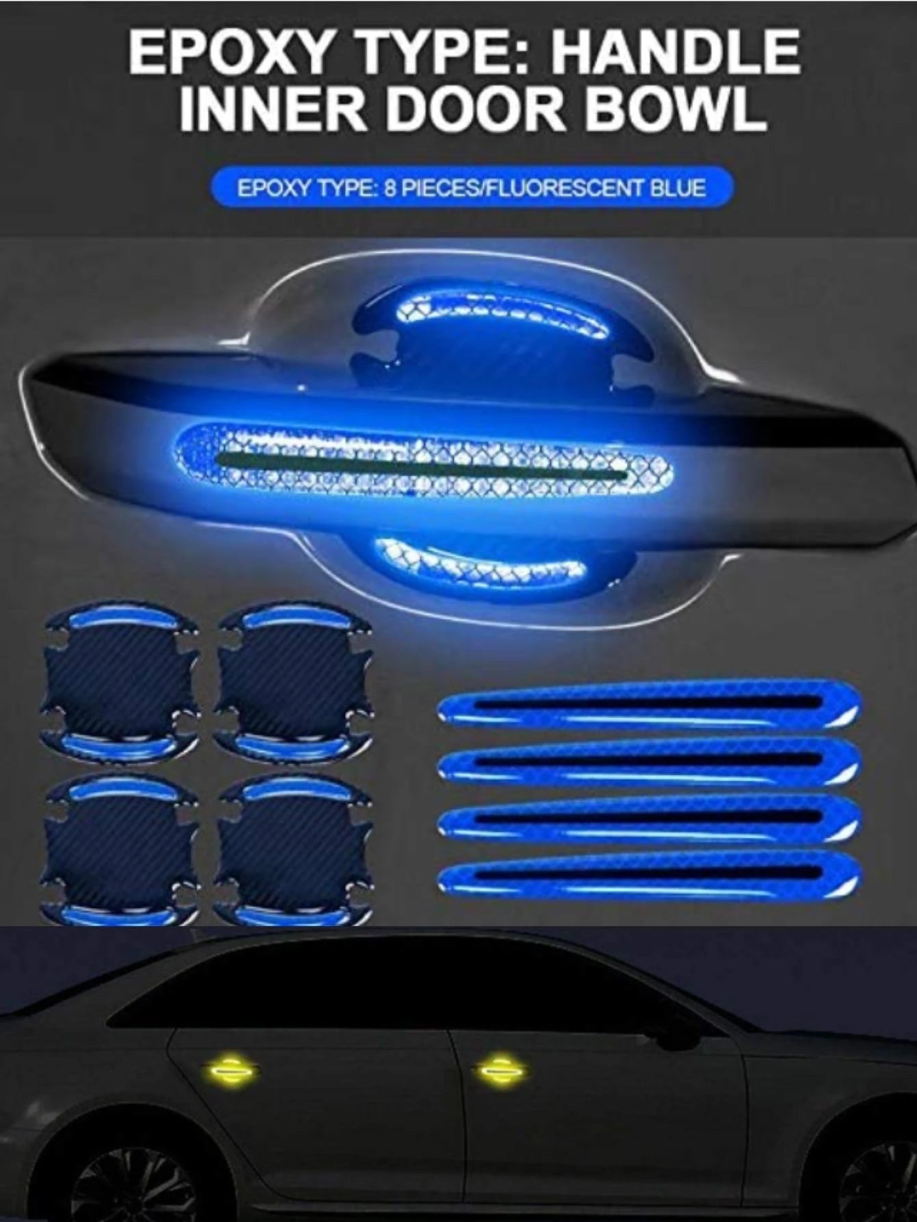 8-Pcs Car Door Handle And Bowl Reflective Stickers Set (4 Door Bowls + 4 Handles)
