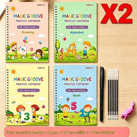 8 Piece Grooved Practice Book Set – 4‑In‑1 Magic Handwriting Workbooks (Includes 8 Books + 2 Pens + 12 Refills + 2 Grips) For Adults Beginners