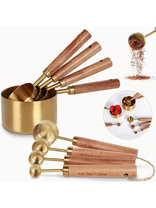8pc Stainless Steel Measuring Cup And Spoon With Rosewood Handle, Durable Kitchen Baking Tools Including Spice Spoon And Coffee Spoon, Nested Design For Easy Storage, Suitable For Baking Cooking And C