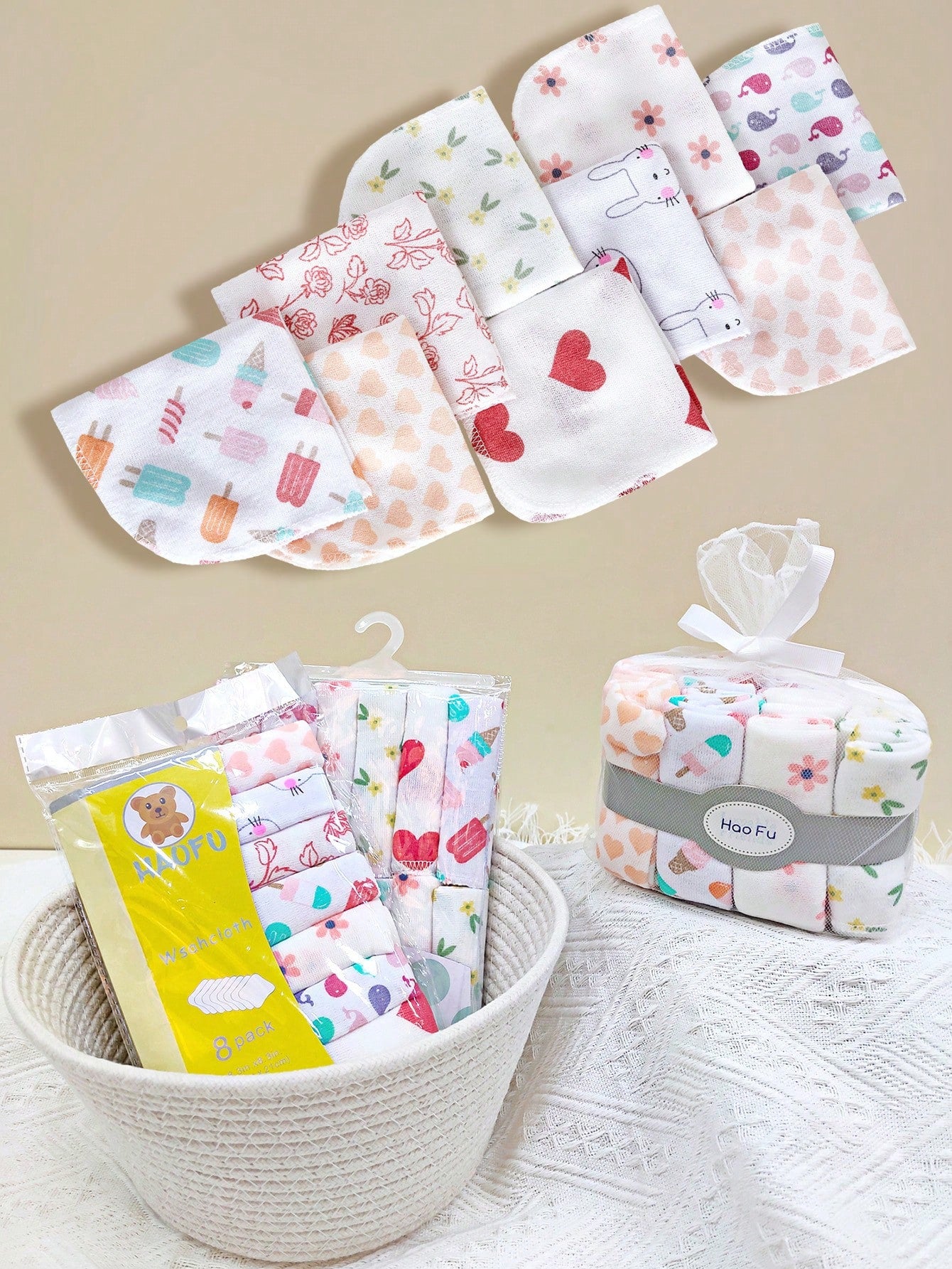 8pcs/12pcs/24pcs Baby Face Washcloths, Soft & Gentle Handkerchief For Baby Care, Feeding Towel, Cute Design Infant Washcloth, Burp Cloth Bib, Soft Baby Bath Towel, Nursery Handkerchief, Newborn Shower
