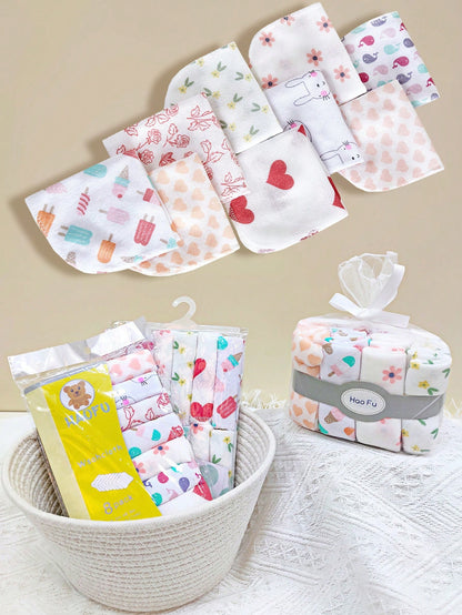 8pcs/12pcs/24pcs Baby Face Washcloths, Soft & Gentle Handkerchief For Baby Care, Feeding Towel, Cute Design Infant Washcloth, Burp Cloth Bib, Soft Baby Bath Towel, Nursery Handkerchief, Newborn Shower