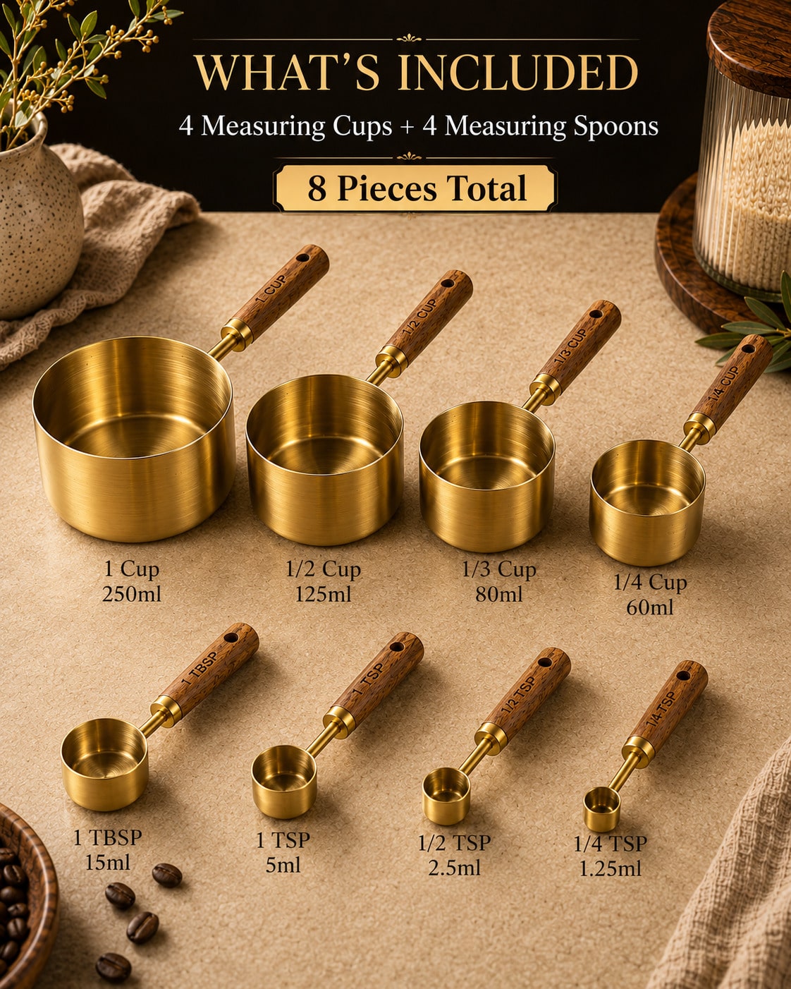 8Pcs Gold Measuring Cups And Spoons Set, Stainless Steel Kitchen Measuring Tools With Wooden Handles, Sturdy Nesting Design, Clear Size Markings, Pretty Aesthetic Baking Tools For Cooking, Coffee, Spi